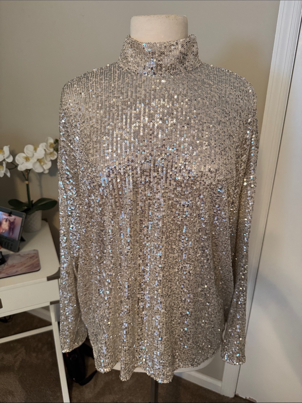 H&M Silver Sequin Mock Neck Long-Sleeve Top